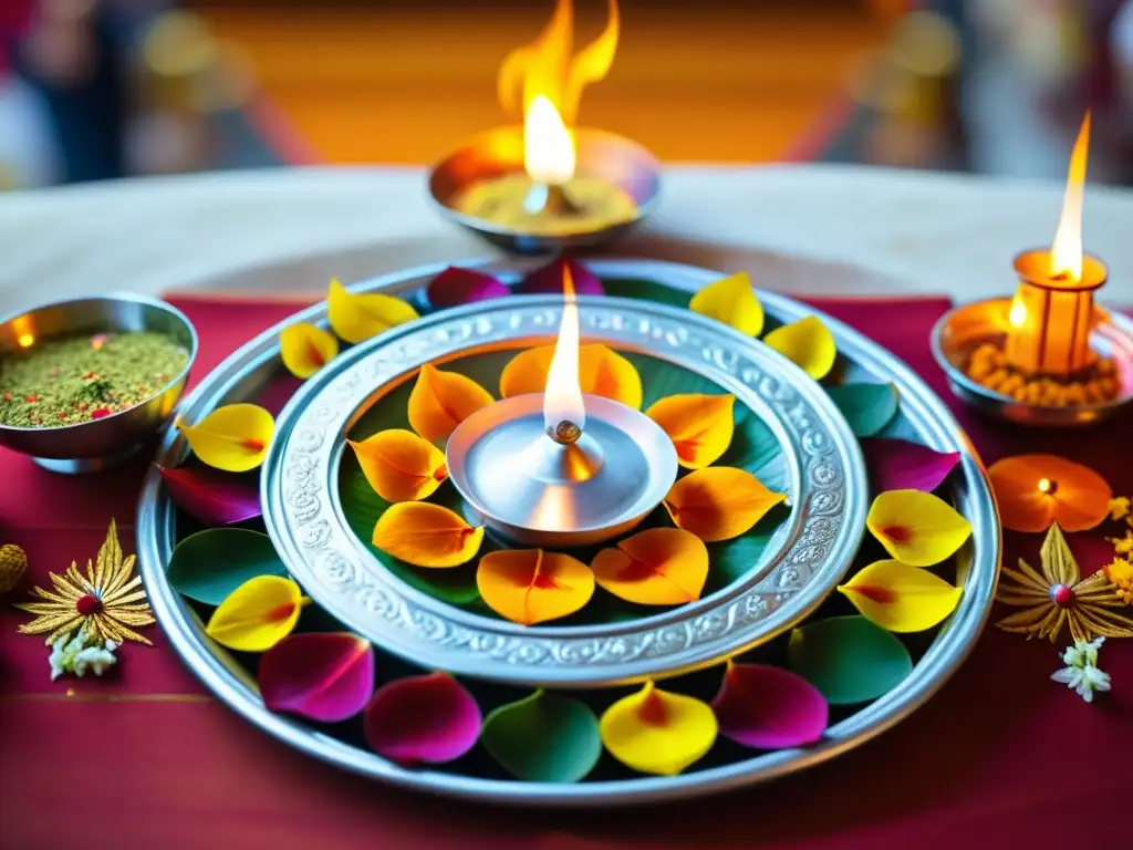 Un vibrante thali de puja con flores, incienso y lámparas, en el contexto de un templo hindú durante una ceremonia samskara