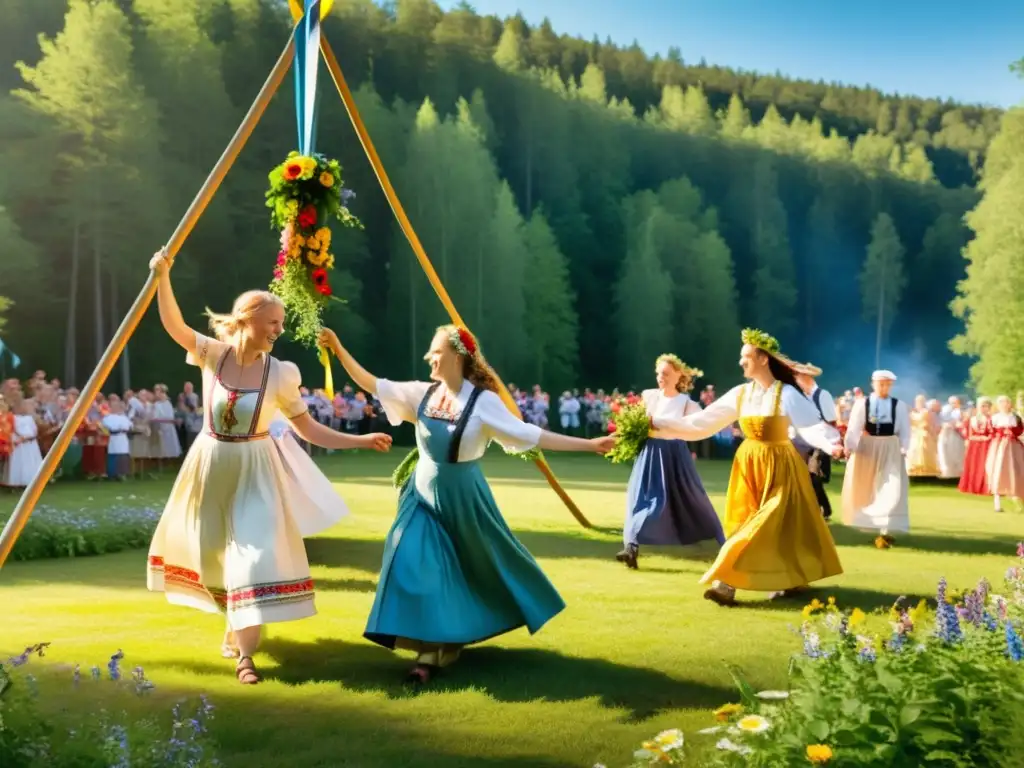 Vibrante celebración de verano y fertilidad en Suecia con danzas alrededor del maypole y trajes tradicionales en medio de la naturaleza exuberante