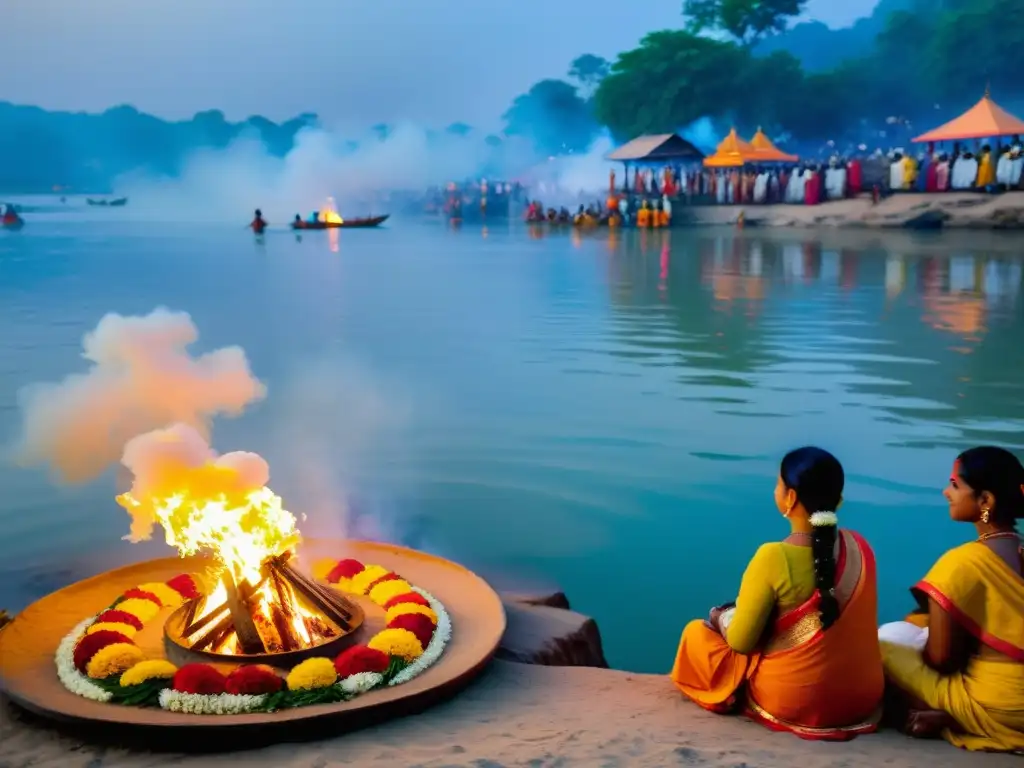 Ritual hindú en el Ganges: Pancha Mahayajna Vibrante ritual hindú en el Ganges