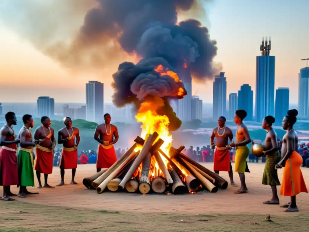 Villagers africanos celebrando rituales de Año Nuevo alrededor de una fogata, contrastando con modernos rascacielos en el fondo