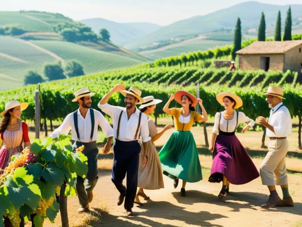 Villanos italianos bailando el ritual de danzas tarantasio en viñedo soleado