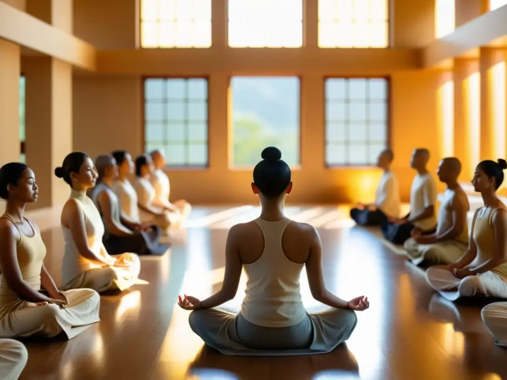 Práctica de meditación Vipassana en un salón iluminado por el sol, donde los practicantes meditan en silencio, irradiando paz y serenidad