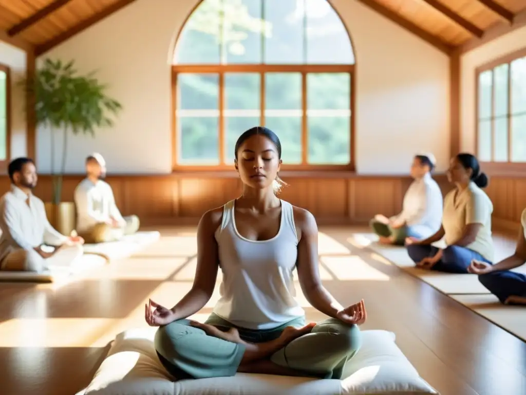 Práctica de meditación Vipassana en un salón sereno iluminado por el sol, con practicantes en profunda concentración