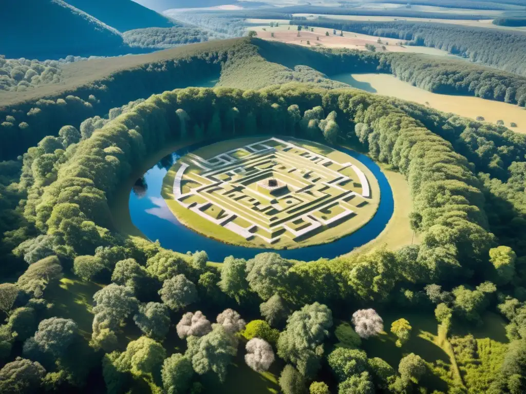 Vista aérea de un antiguo sitio de arqueología ritual, con estructuras de piedra y bosque denso