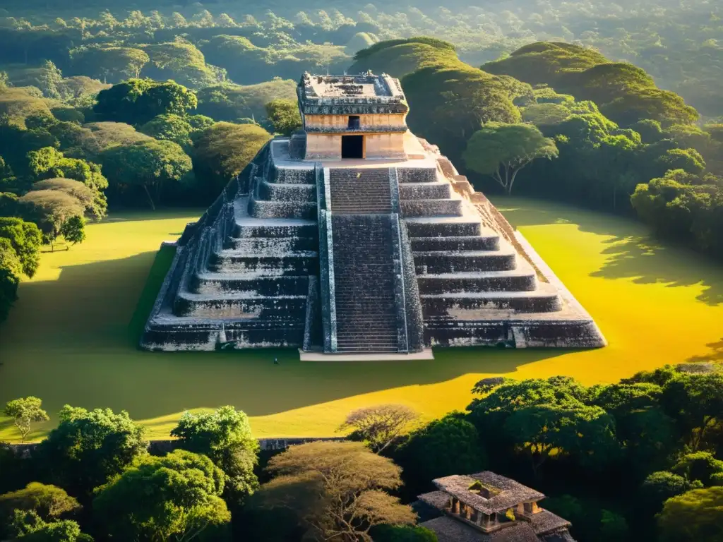 Vista aérea de Chichén Itzá al atardecer, con la pirámide El Castillo y ruinas mayas