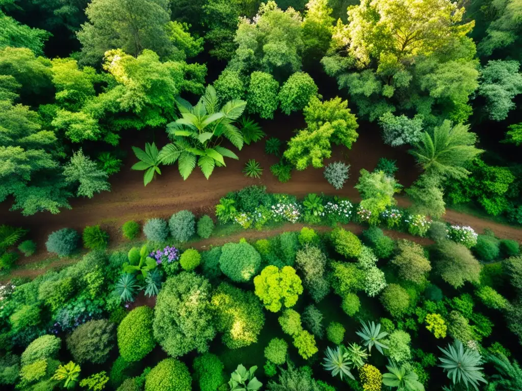 Vista aérea de un bosque exuberante con luz solar filtrándose entre el dosel, creando sombras moteadas en el suelo