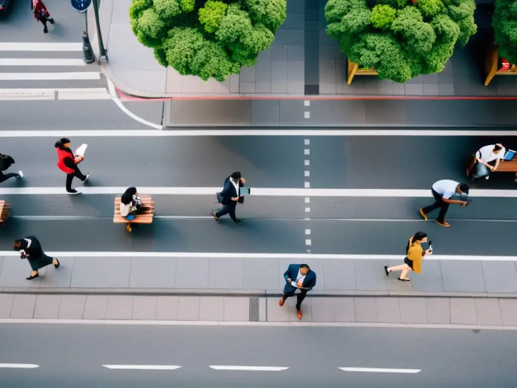 Vista aérea de una bulliciosa calle urbana con personas interactuando y dispositivos digitales, reflejando nuevos hábitos de interacción social