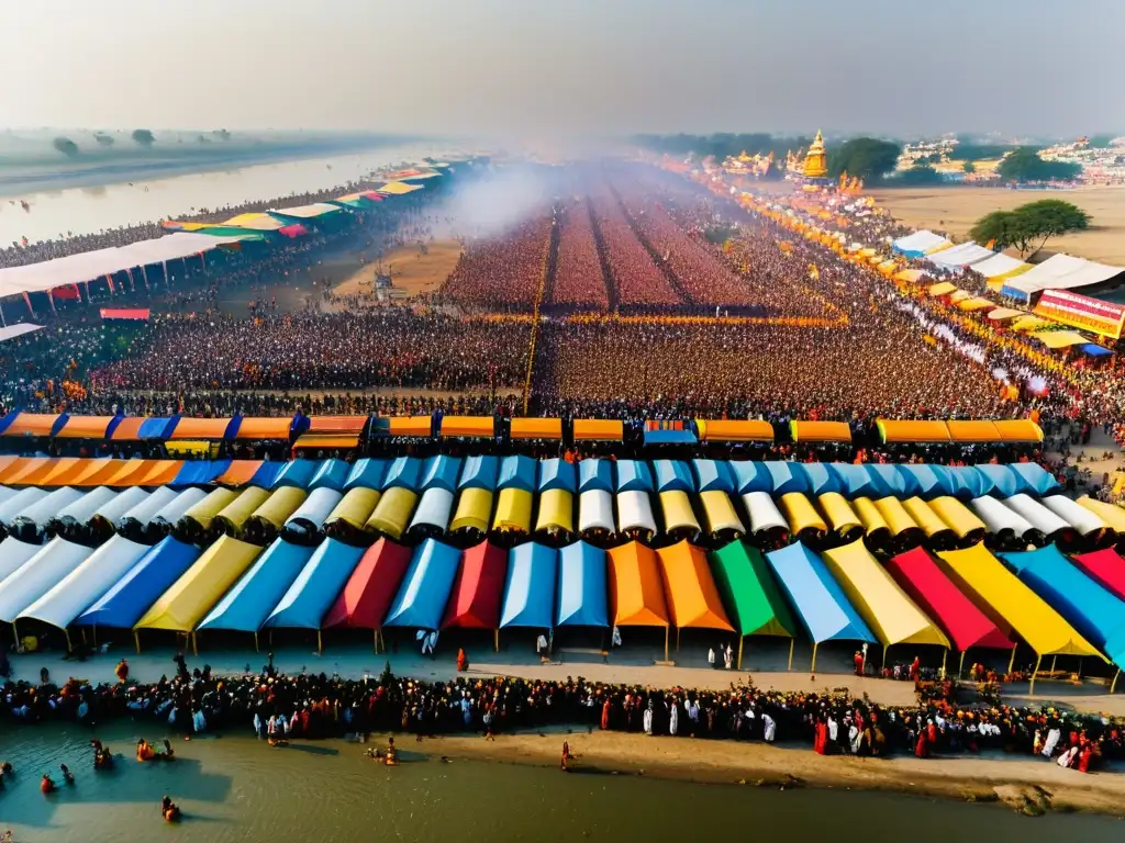 Vista aérea del bullicioso Festival espiritual Kumbh Mela con miles de coloridas tiendas y peregrinos reunidos para baño sagrado