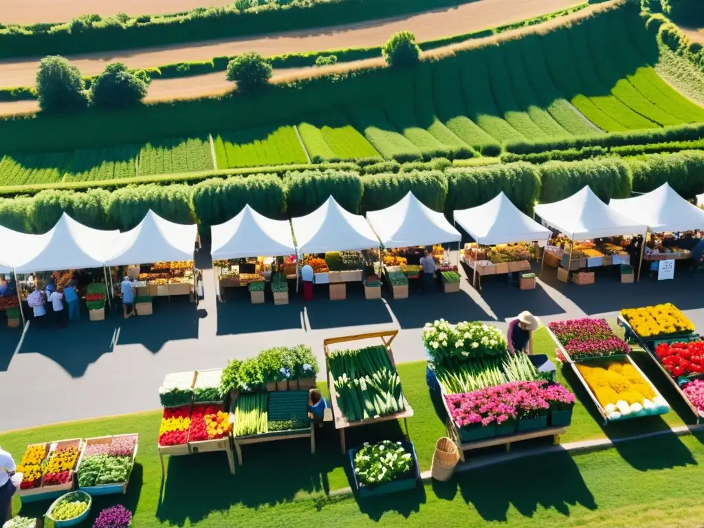 Vista aérea de un bullicioso mercado agrícola, lleno de puestos coloridos rebosantes de productos frescos y flores