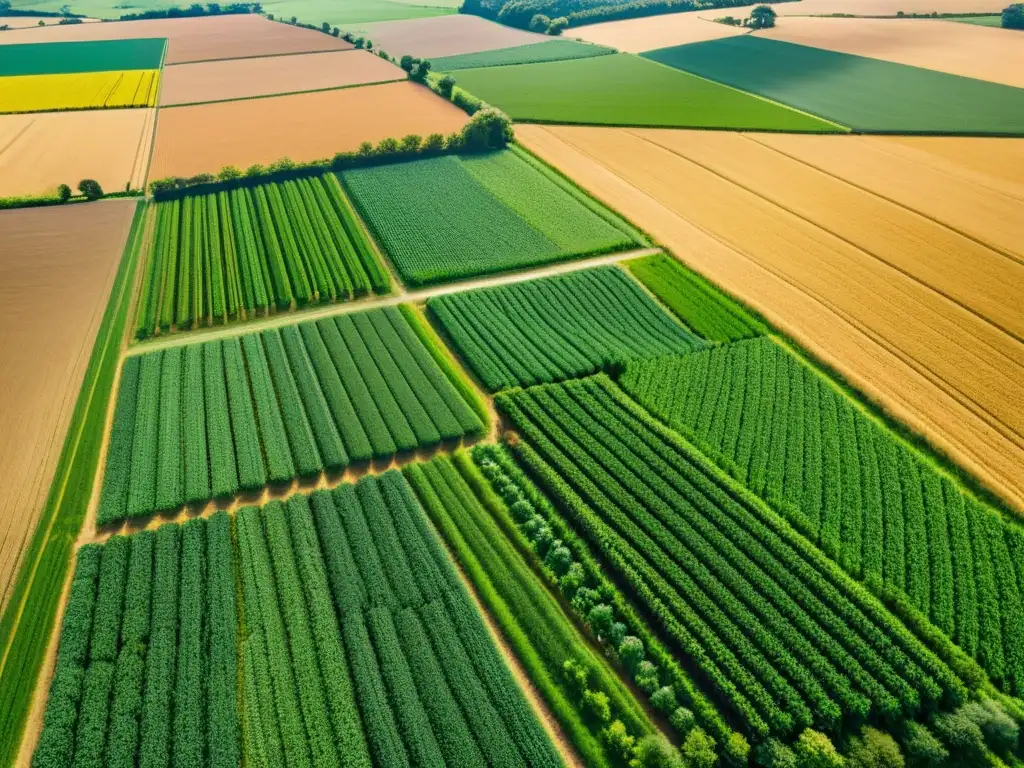 Vista aérea de campos verdes y simétricos, con tractores y granjeros