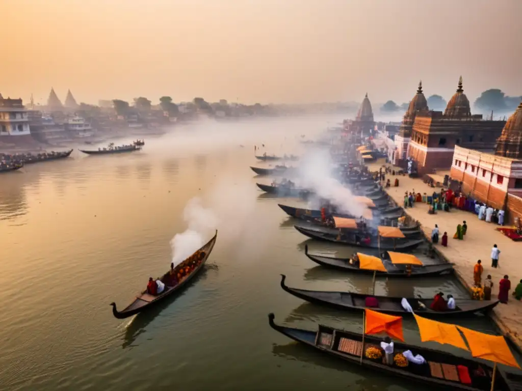 Vista aérea de las ceremonias funerarias alrededor del mundo en Varanasi, a orillas del río Ganges, con piras funerarias y humo en la mañana brumosa