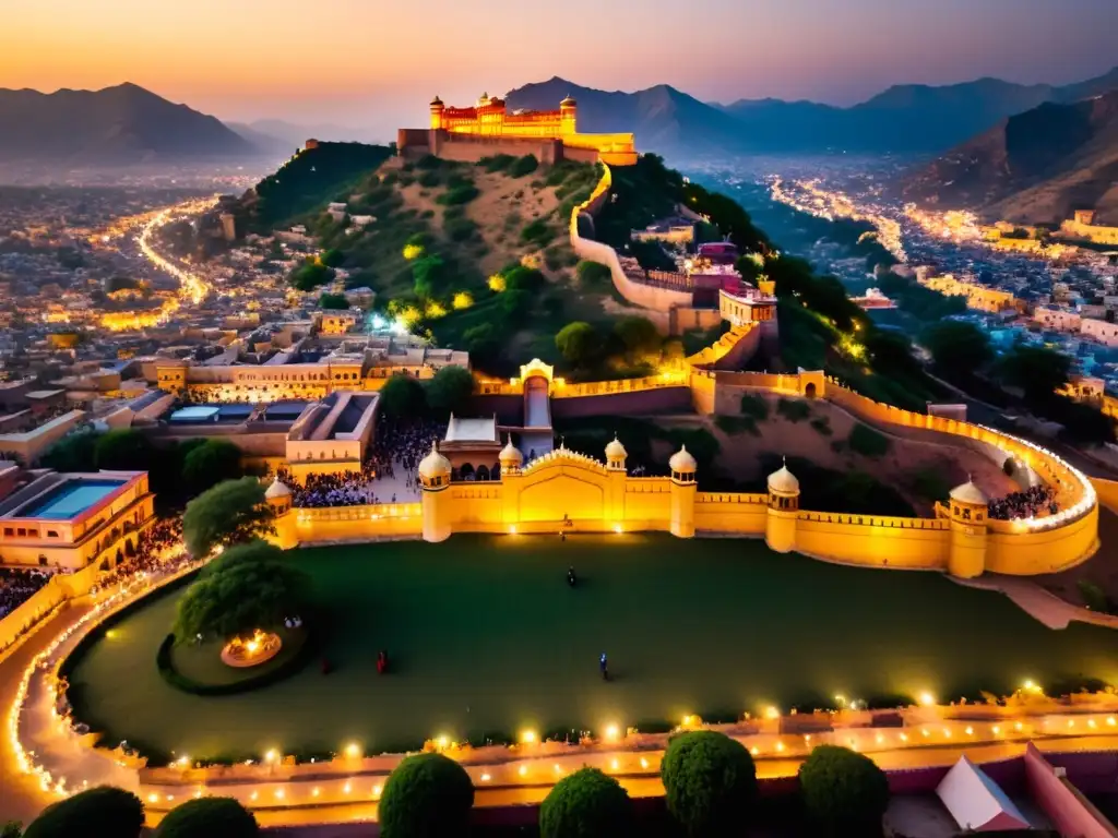 Vista aérea deslumbrante de Jaipur durante Diwali, con el significado espiritual de la celebración reflejado en luces y fuegos artificiales vibrantes