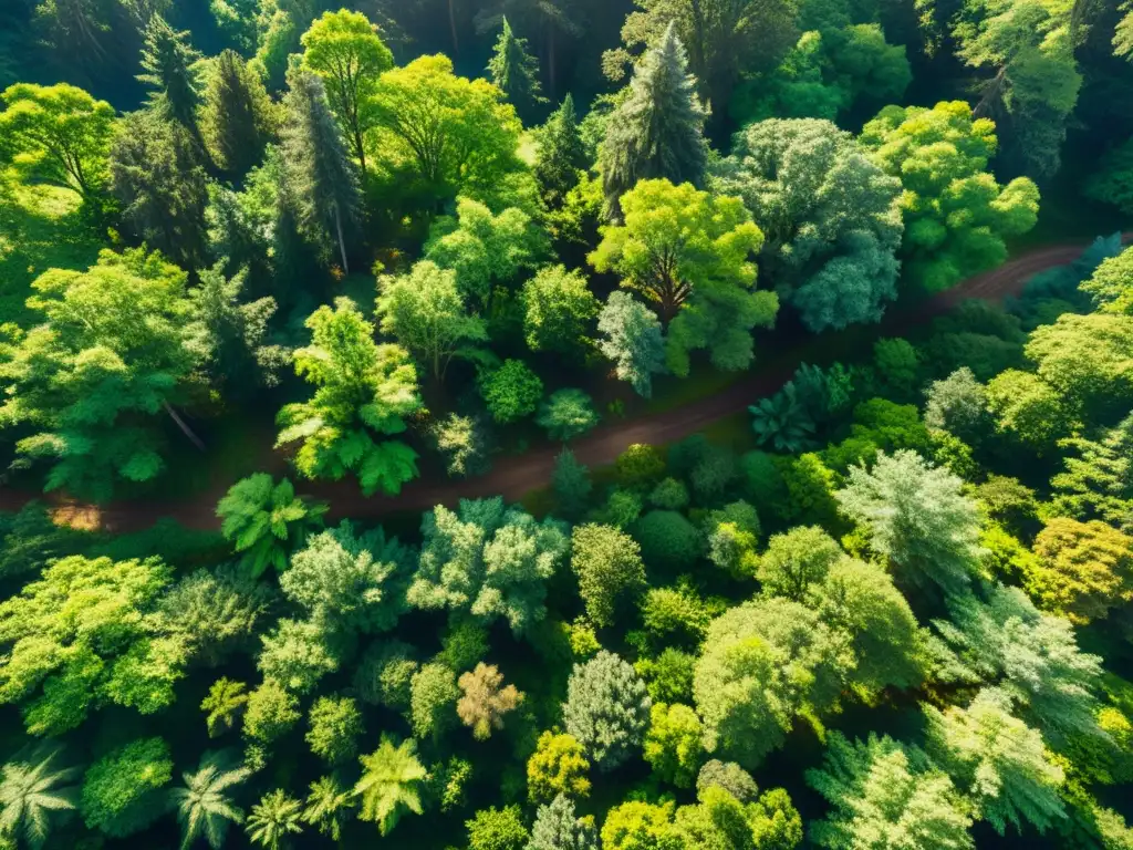 Vista aérea de un exuberante bosque sereno, iluminado por el sol, con un juego hipnotizante de luz y sombra en el suelo