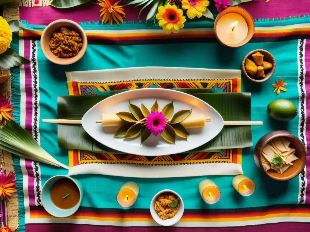 Vista aérea de un festín maya con platos tradicionales y objetos ceremoniales