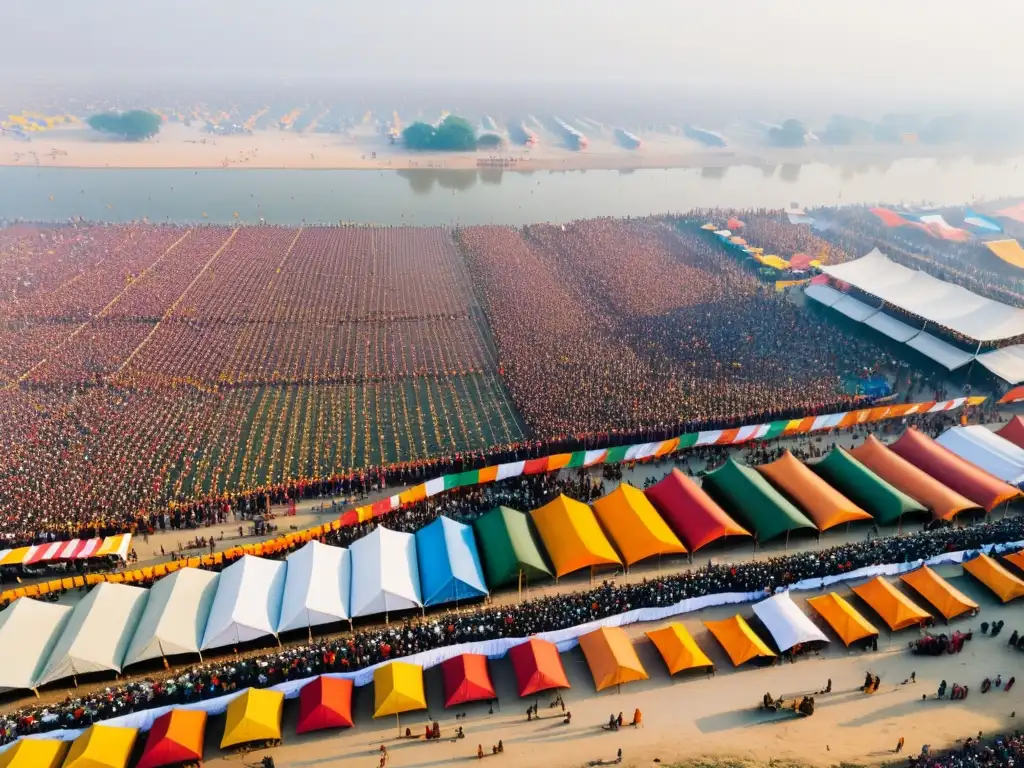 Una vista aérea del festival espiritual Kumbh Mela, con tiendas coloridas, peregrinos y actividades sagradas a orillas del río sagrado