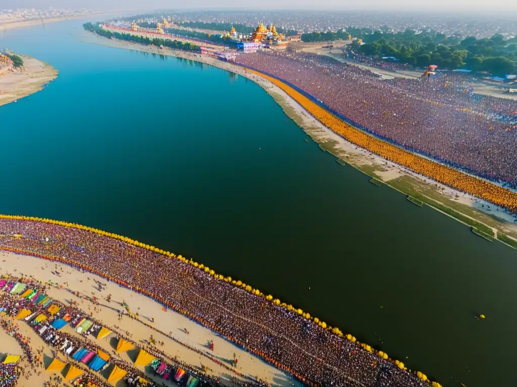 Vista aérea del festival espiritual Kumbh Mela, con millones de devotos, tiendas coloridas y el río sagrado, en una escena de espiritualidad y tradición