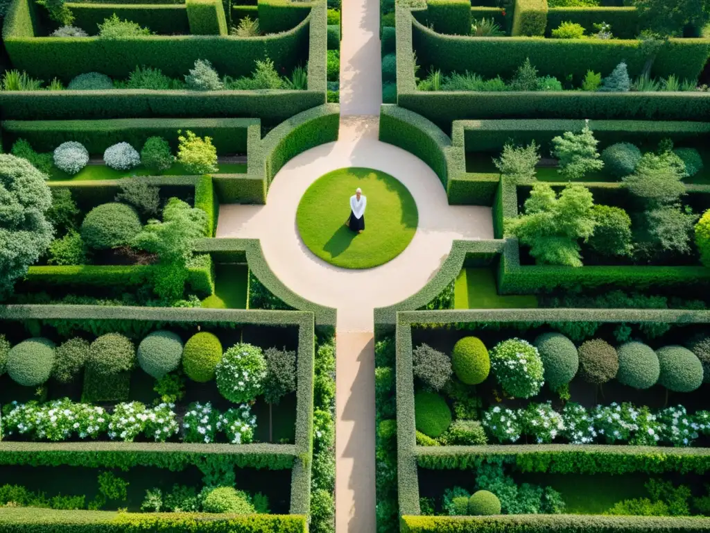 Vista aérea de un jardín de meditación con geometría sagrada en rituales, laberinto de piedras y diseño simétrico de arbustos y piedras