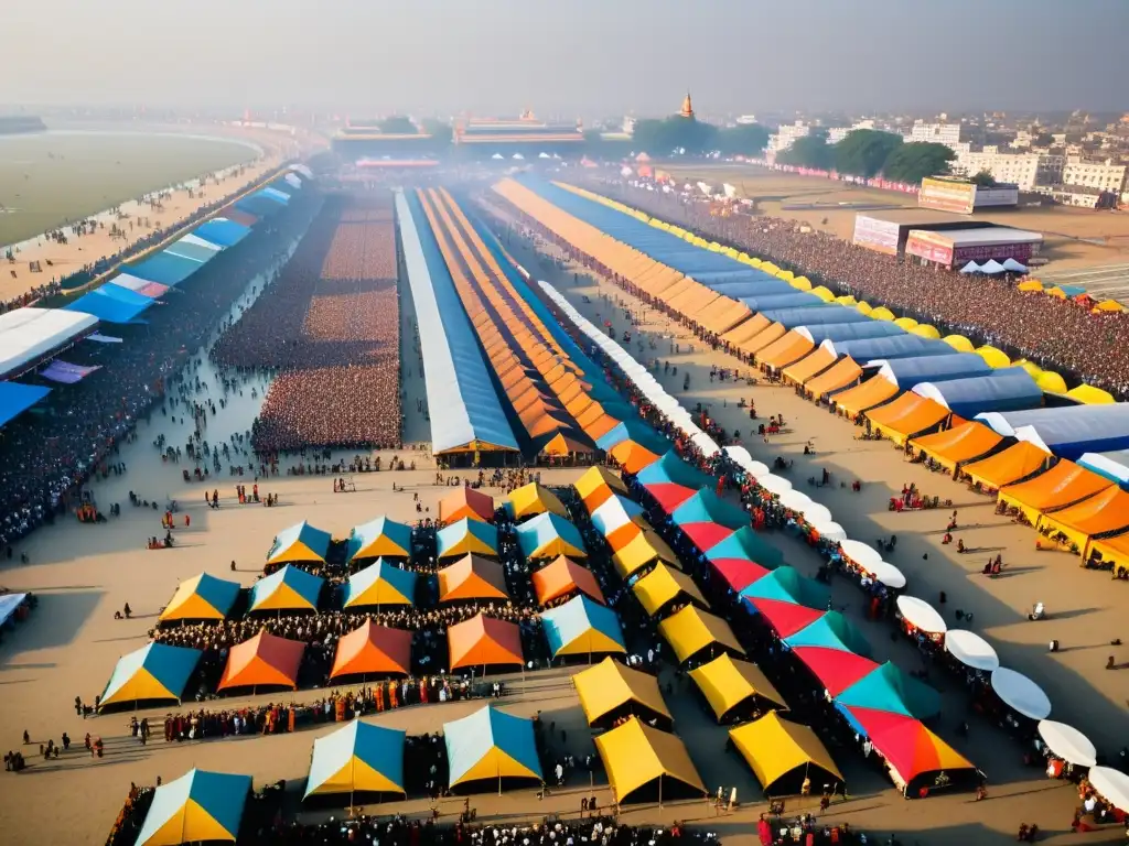 Vista aérea del impacto del peregrinaje espiritual Kumbh Mela con multitudes de peregrinos y coloridas tiendas en un vasto terreno festivalero