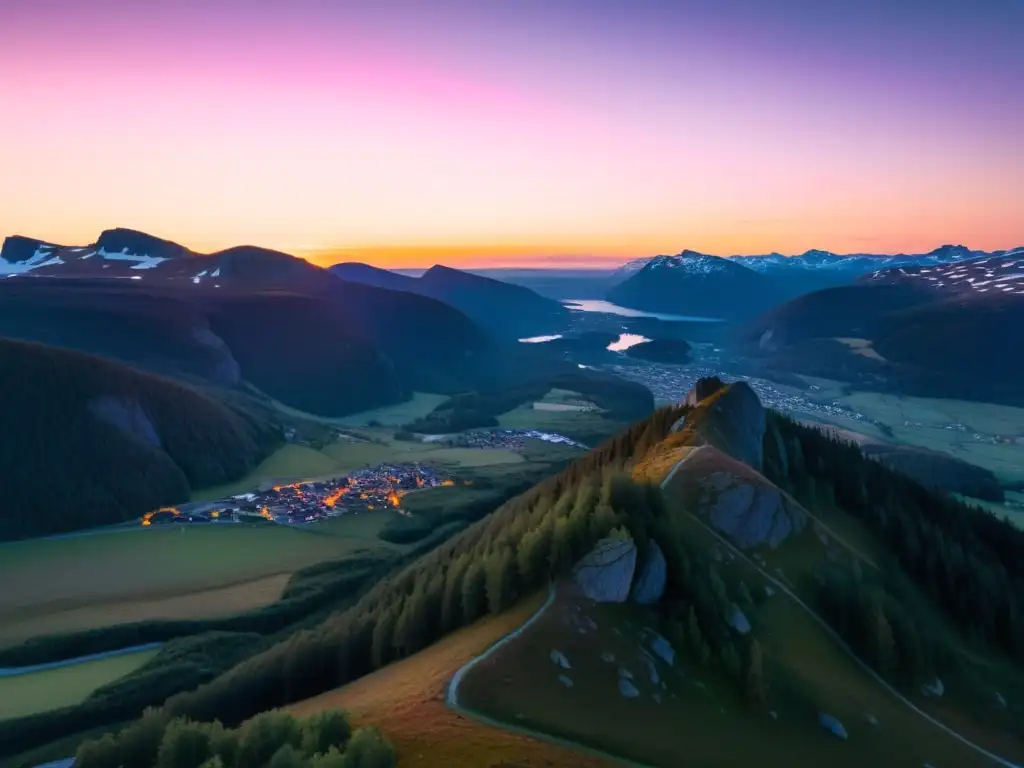 Vista aérea impresionante del paisaje escandinavo al anochecer, con la silueta de pinos antiguos