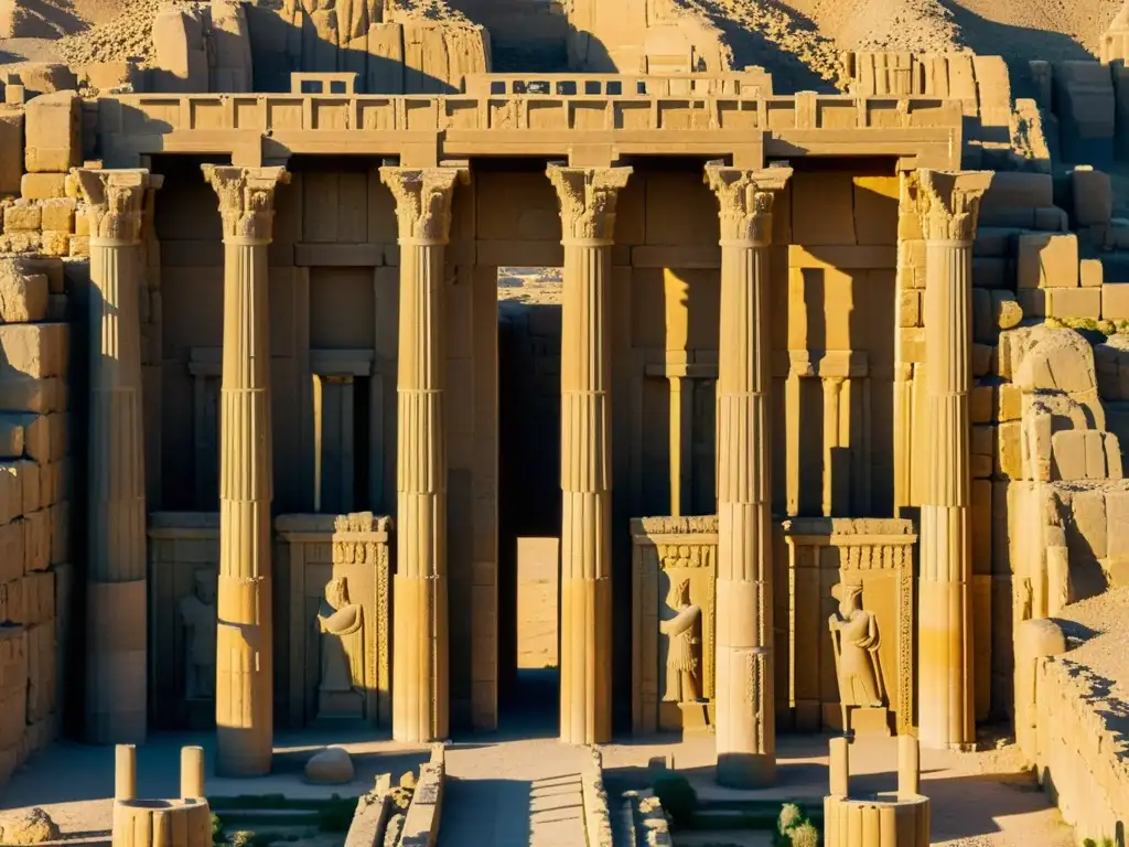 Vista aérea impresionante de Persepolis, con ruinas y detalles arquitectónicos antiguos de Persia, bañados por cálido sol dorado