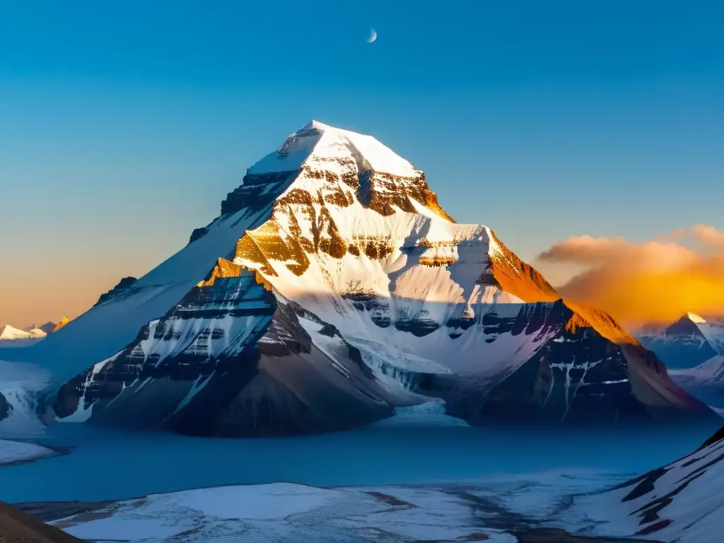 Vista aérea del Monte Kailash al atardecer, peregrinos, oración y color en el Tíbet