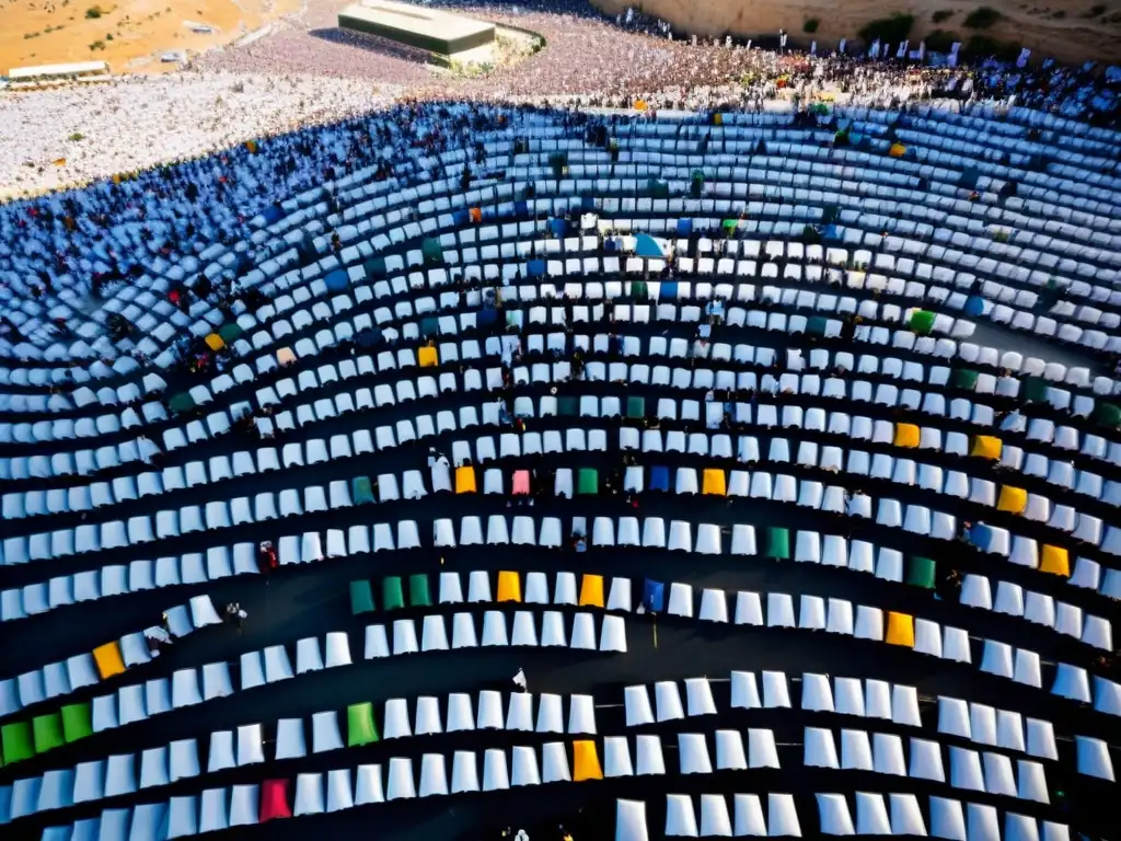 Una vista aérea de la multitud de peregrinos en el Día de Arafat, con ropa blanca y coloridos paraguas, rezando y reflexionando en la montaña