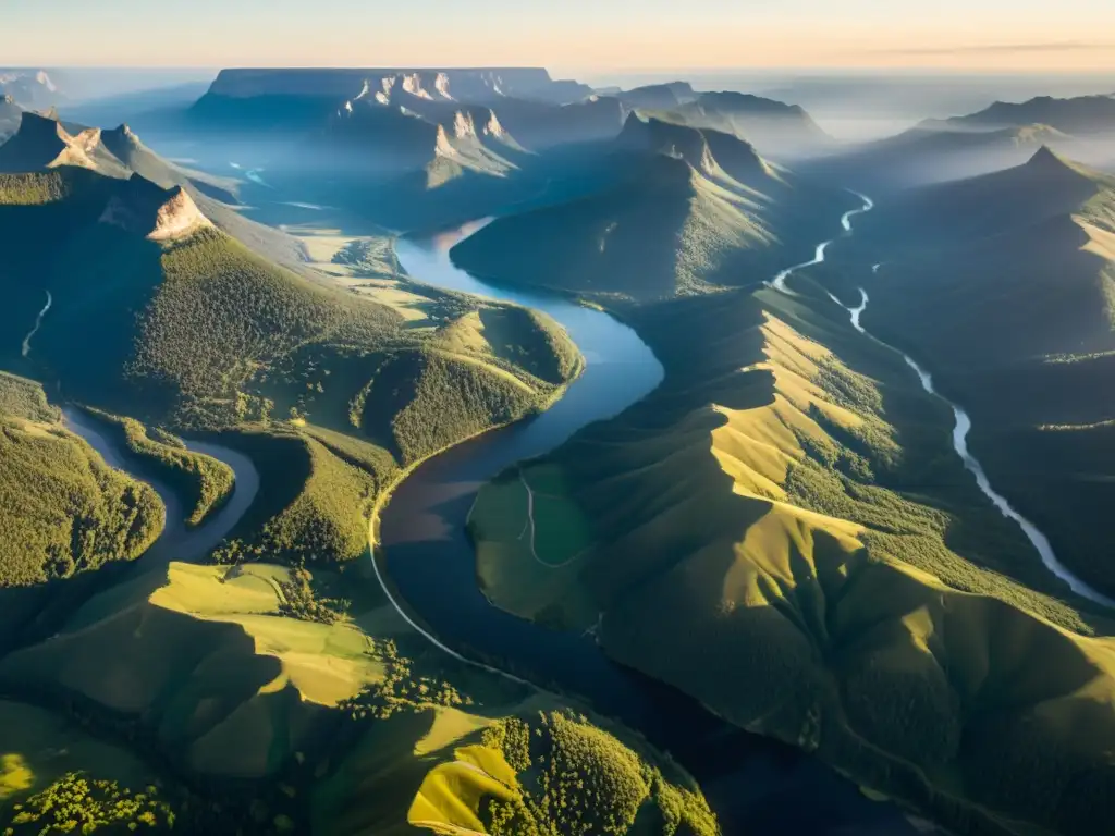 Vista aérea de un paisaje diverso con montañas, ríos y bosques