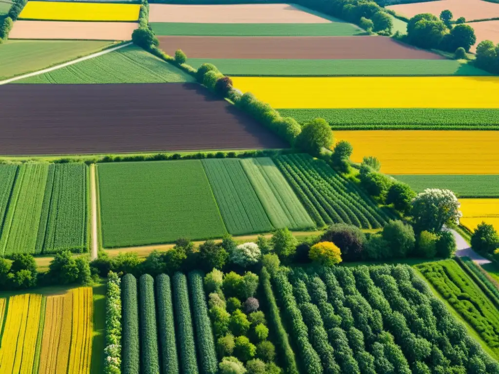 Vista aérea de un paisaje agrícola exuberante con campos geométricos, agricultores trabajando y flores silvestres