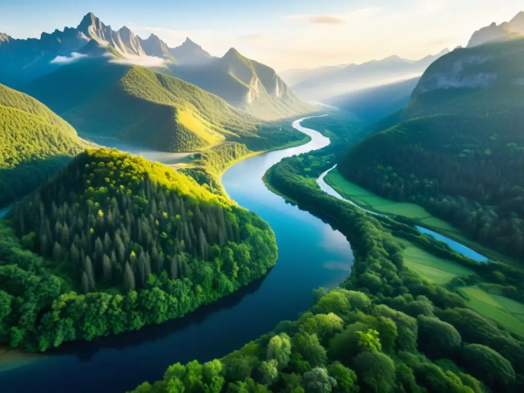 Vista aérea de un paisaje natural sereno con río, bosques, montañas y ruinas antiguas, equilibrando energía con prácticas ancestrales