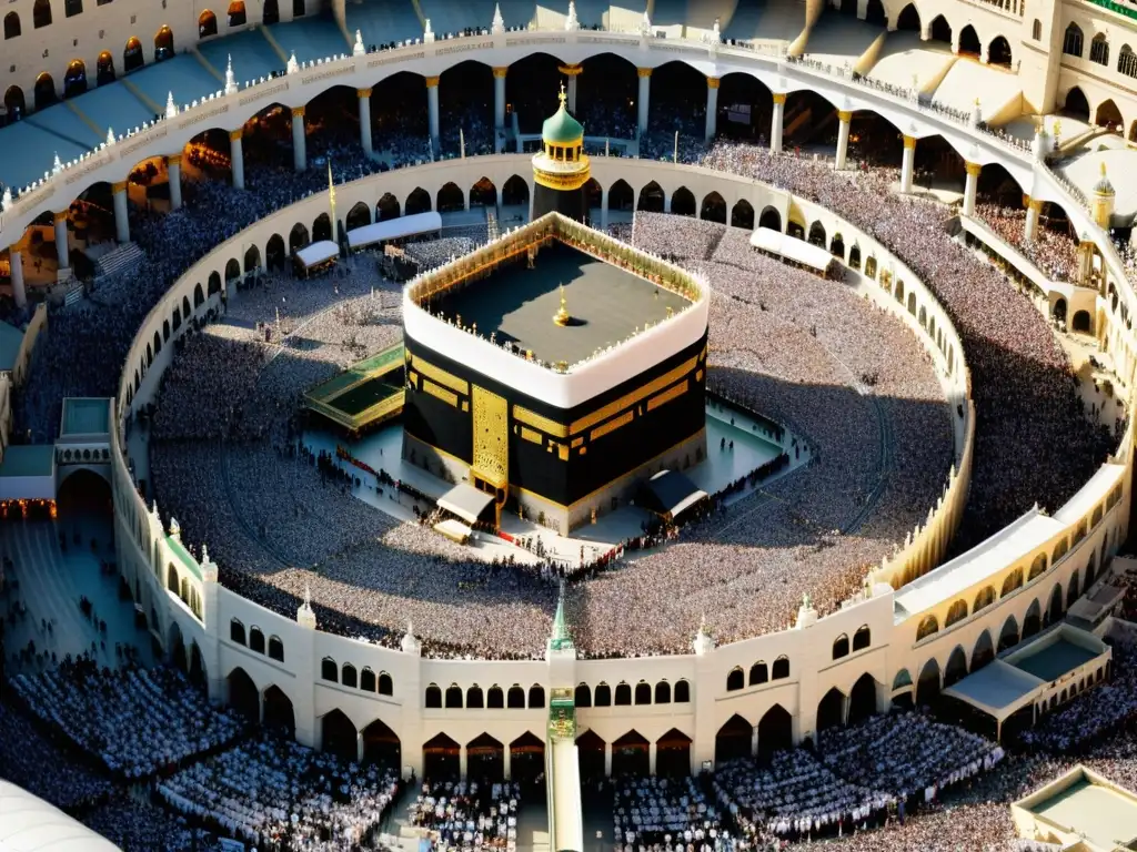 Vista aérea de la peregrinación a La Meca ritos con millones de peregrinos vestidos de blanco alrededor de la Kaaba en Masjid al-Haram