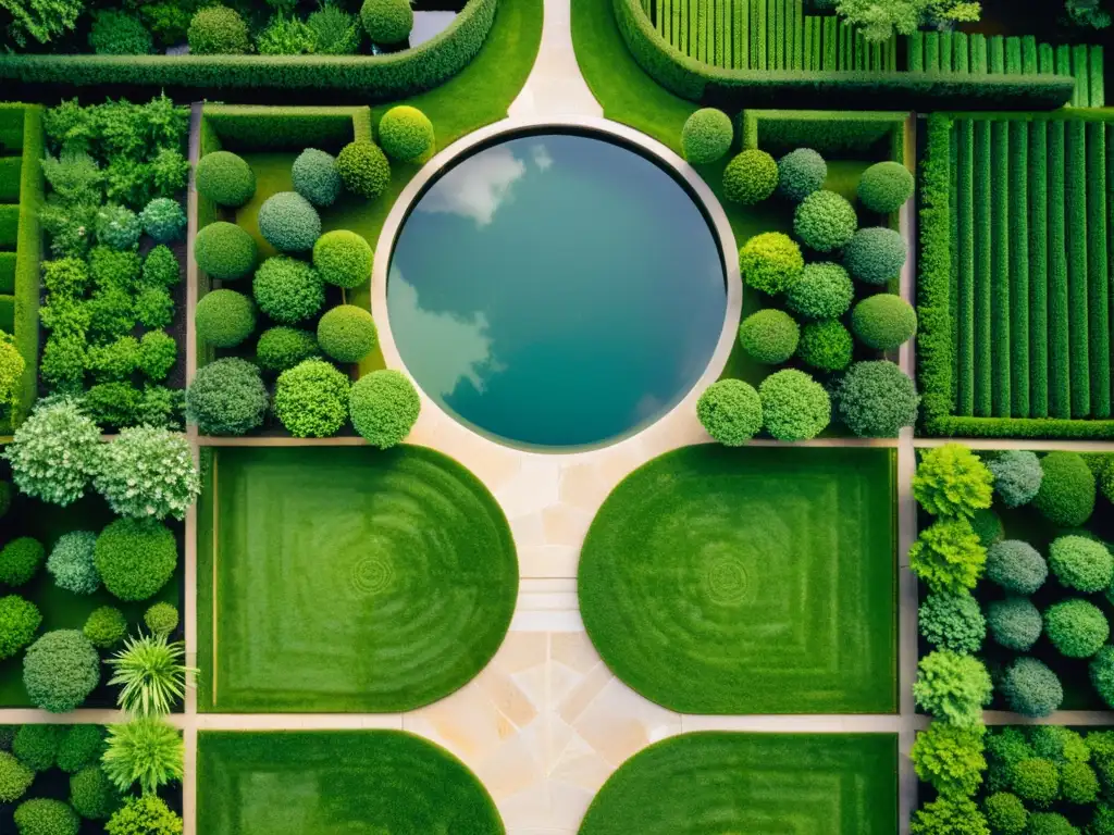 Vista aérea de jardín de meditación sagrada con geometría simétrica y vibrante