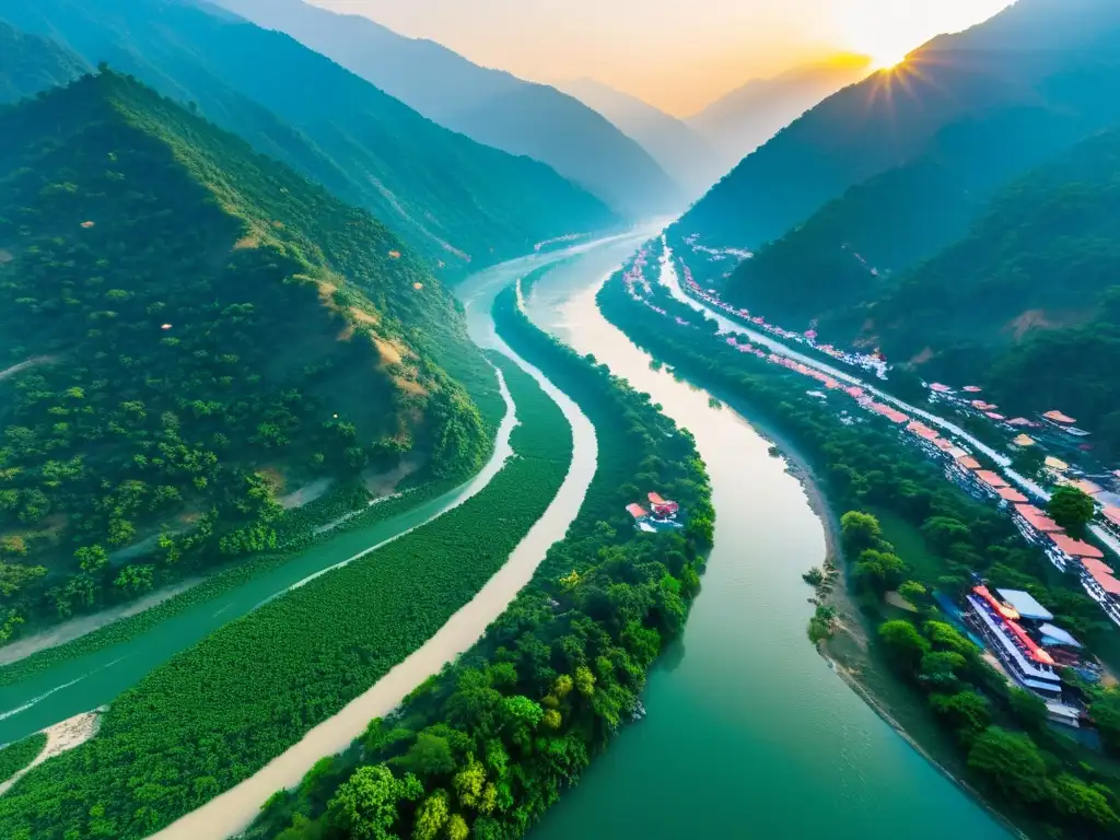 Vista aérea del sereno río Ganges en Rishikesh al amanecer, con gente practicando yoga y meditación en las orillas