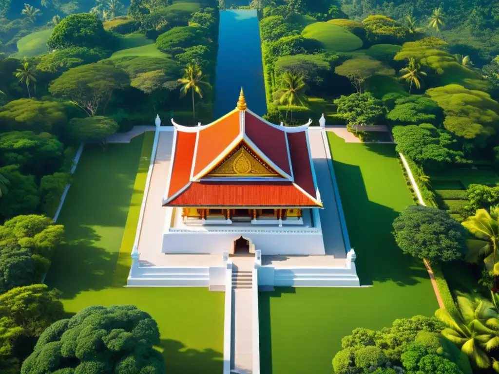 Vista aérea de un templo con geometría sagrada en rituales, rodeado de naturaleza serena y jardines cuidados