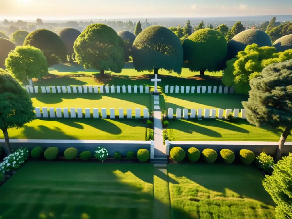 Vista aérea de un tranquilo cementerio rodeado de vegetación exuberante