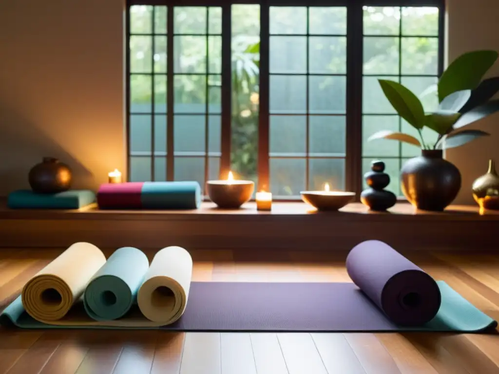 Vista cercana de un estudio de yoga sereno y acogedor con objetos para potenciar práctica espiritual, iluminado por luz dorada suave y con ambiente tranquilo y meditativo