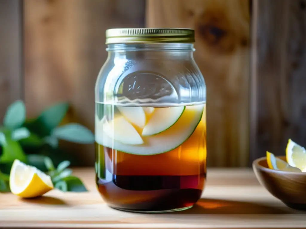 Vista cercana de kombucha casera en frasco de vidrio sobre encimera de madera, con ingredientes naturales