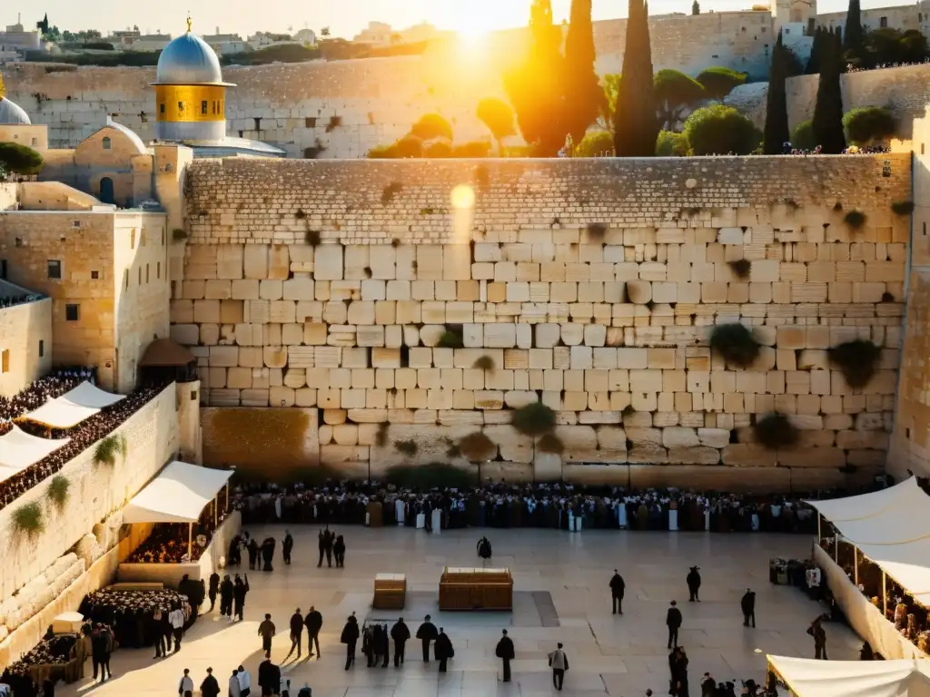 Vista detallada en 8k del Muro Occidental en Jerusalén durante Tishá B'Av, con la luz dorada del atardecer y visitantes en conmemoración de las tragedias de la historia judía