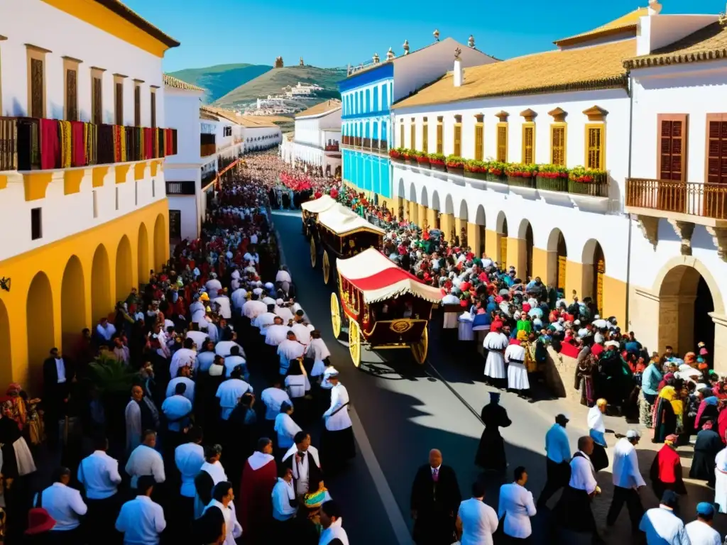 Vista documental de la Romería del Rocío en Andalucía, con peregrinos y carretas en las calles llenas de energía y color