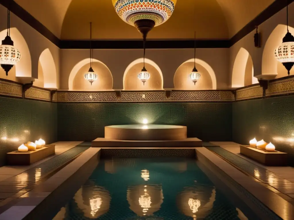 Una vista envolvente del interior de un hammam, con mosaicos intrincados y bañistas disfrutando de los rituales de baños turcos tradicionales