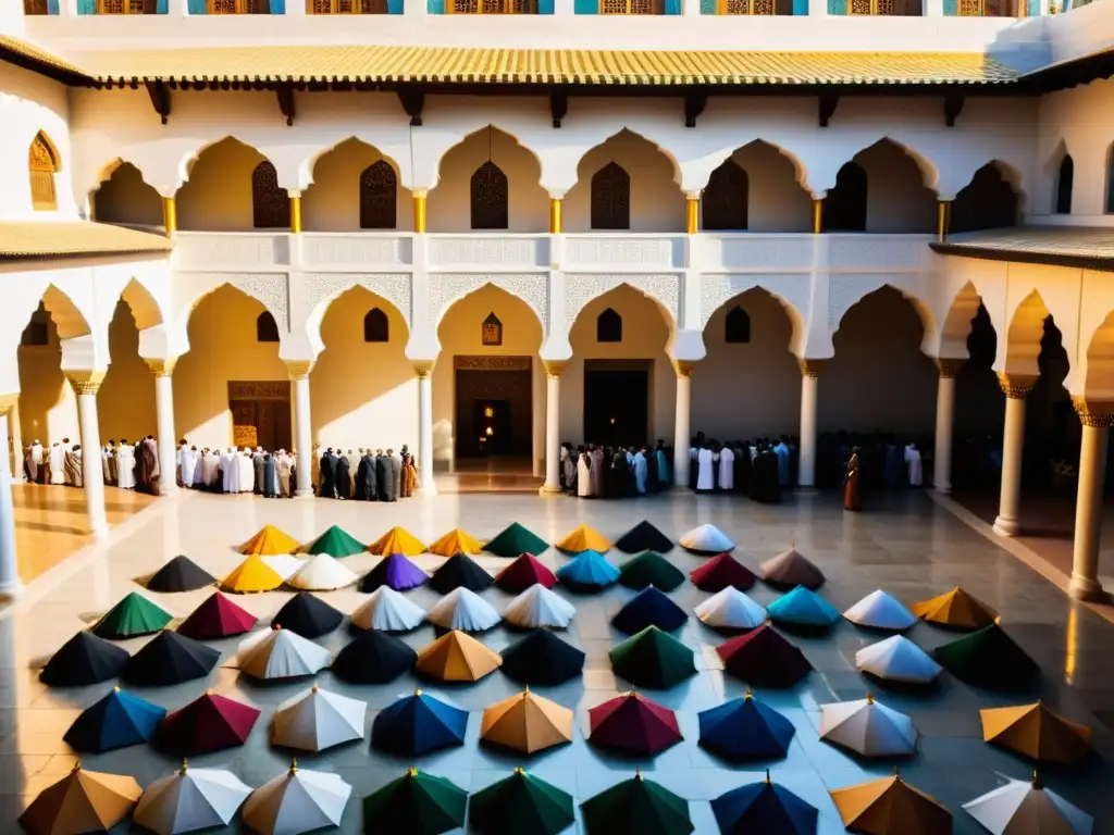 Vista impresionante del bullicioso patio de la mezquita durante el Jumua, resaltando la importancia del viernes en Islam