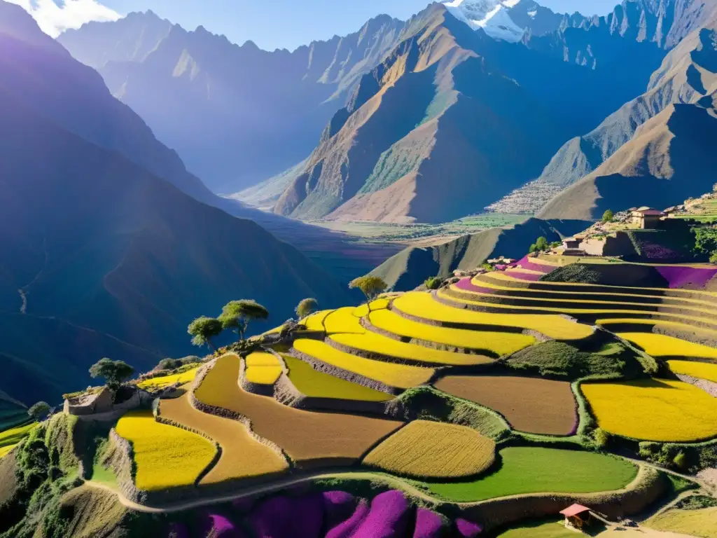 Vista impresionante de un campo vibrante de raíz de maca en los Andes peruanos, cosechada por agricultores Quechua