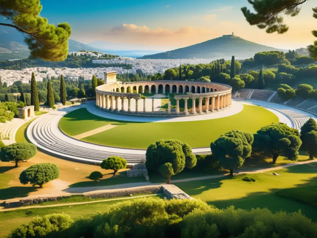Estadio Olímpico de Olimpia: Historia y Atletas en Acción Vista impresionante del estadio antiguo y el Templo de Zeus en Olympia, Grecia, con atletas en rituales de iniciación en los Juegos Olímpicos