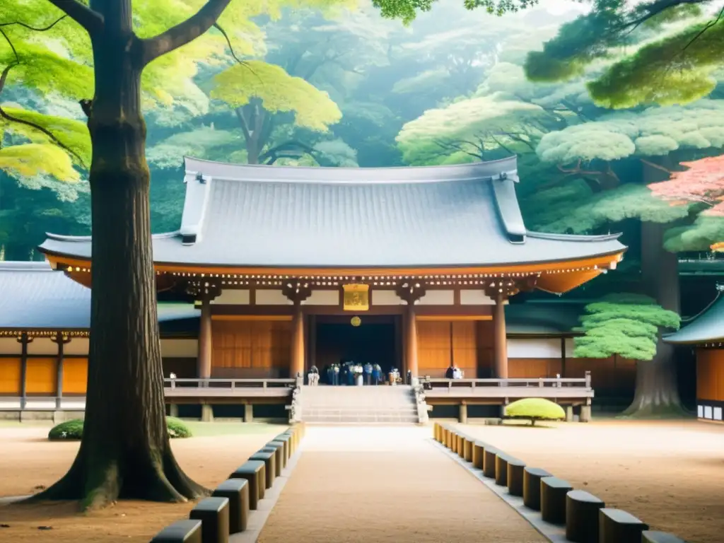 Vista impresionante del Santuario Meiji en Tokio, Japón, invocación presencia divina Shintoismo en la naturaleza serena y reverente