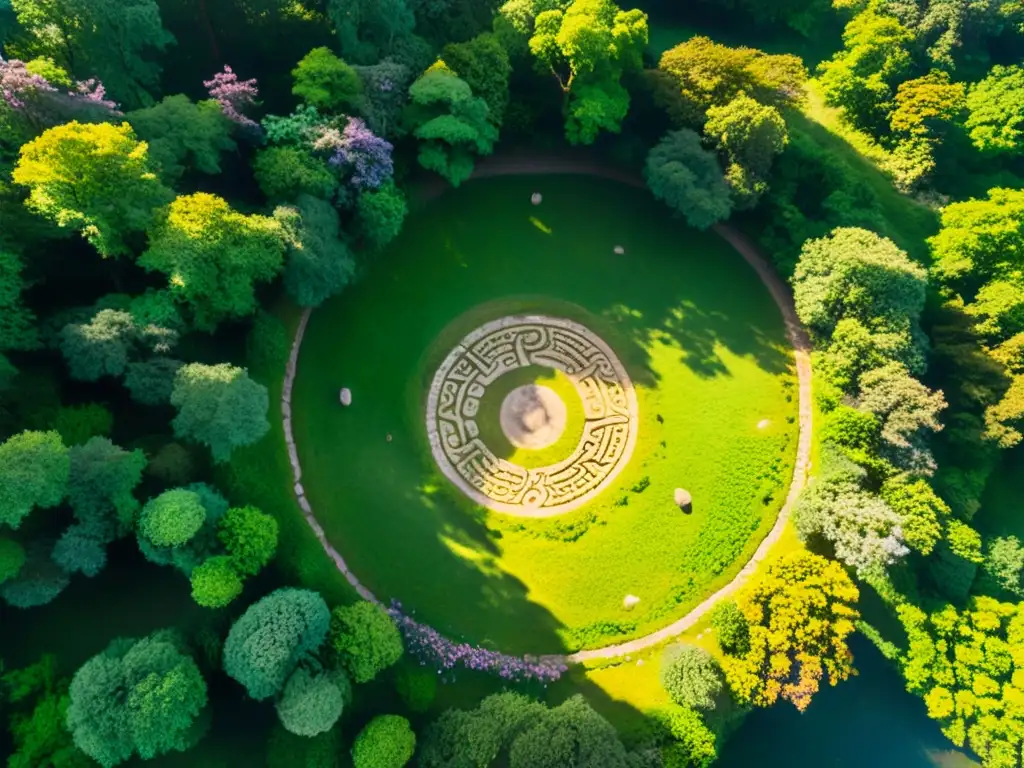 Ritual celta: vista aérea en bosque místico Vista aérea mágica de rituales celtas en la naturaleza, con bosque exuberante, sol dorado y piedras ancestrales