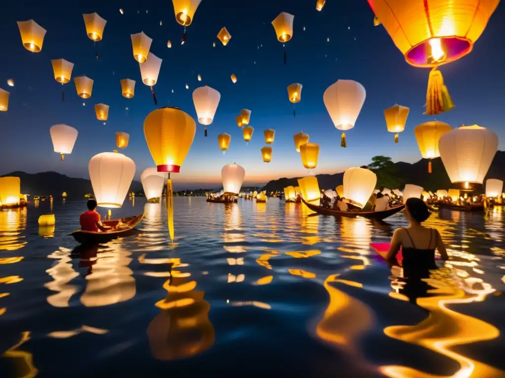 Vista nocturna del festival Loi Krathong con cientos de faroles flotantes, reflejados en el agua, evocando su significado y tradición