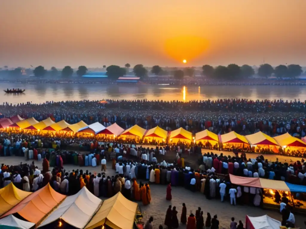 Vista panorámica del bullicioso Festival espiritual Kumbh Mela en India, con peregrinos, rituales y atardecer cálido