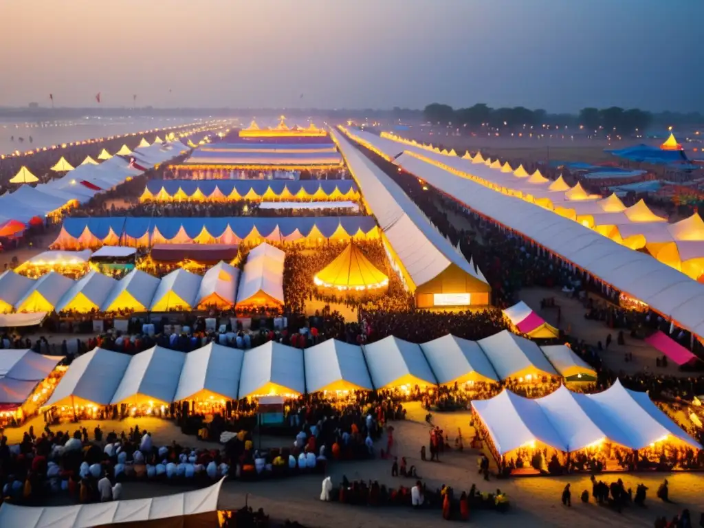 Vista panorámica del bullicioso Festival espiritual Kumbh Mela, con coloridas tiendas y multitud de peregrinos en actividades espirituales