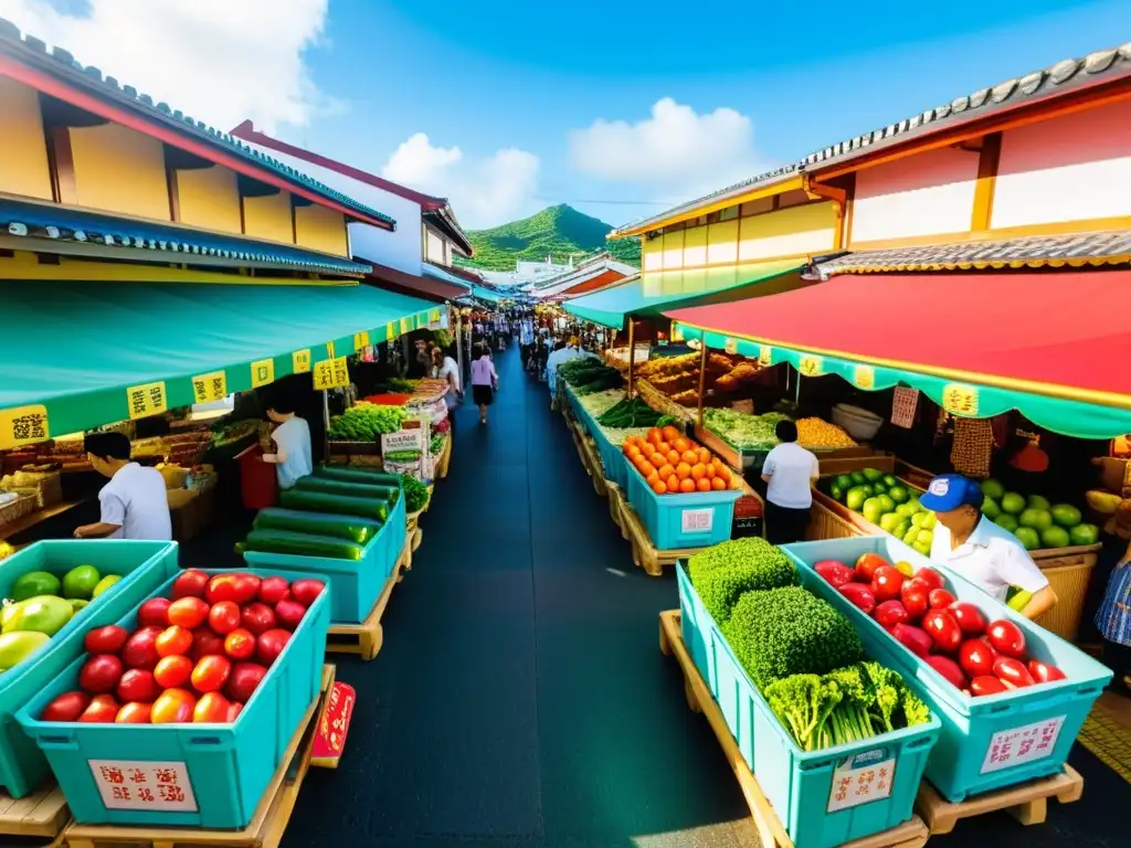 Vista panorámica del bullicioso mercado de Naha en Okinawa, Japón, con coloridos puestos de comida y artesanías locales