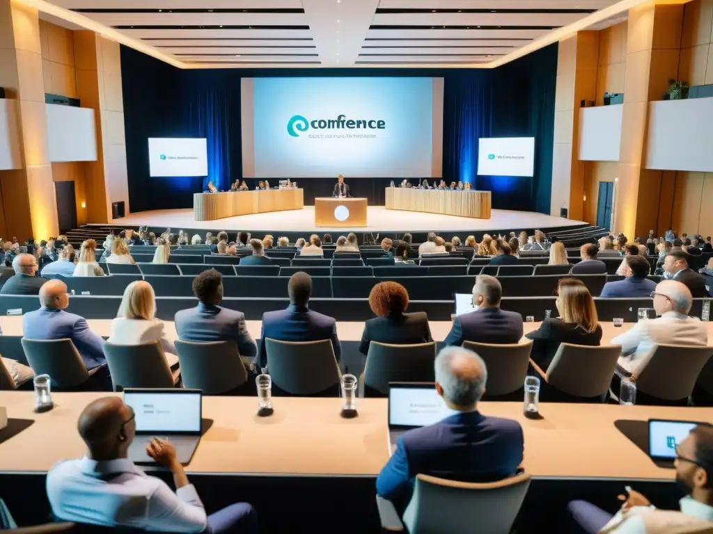 Vista panorámica de una conferencia anual como ritual profesional, con asistentes diversos, energía palpable y decoración moderna