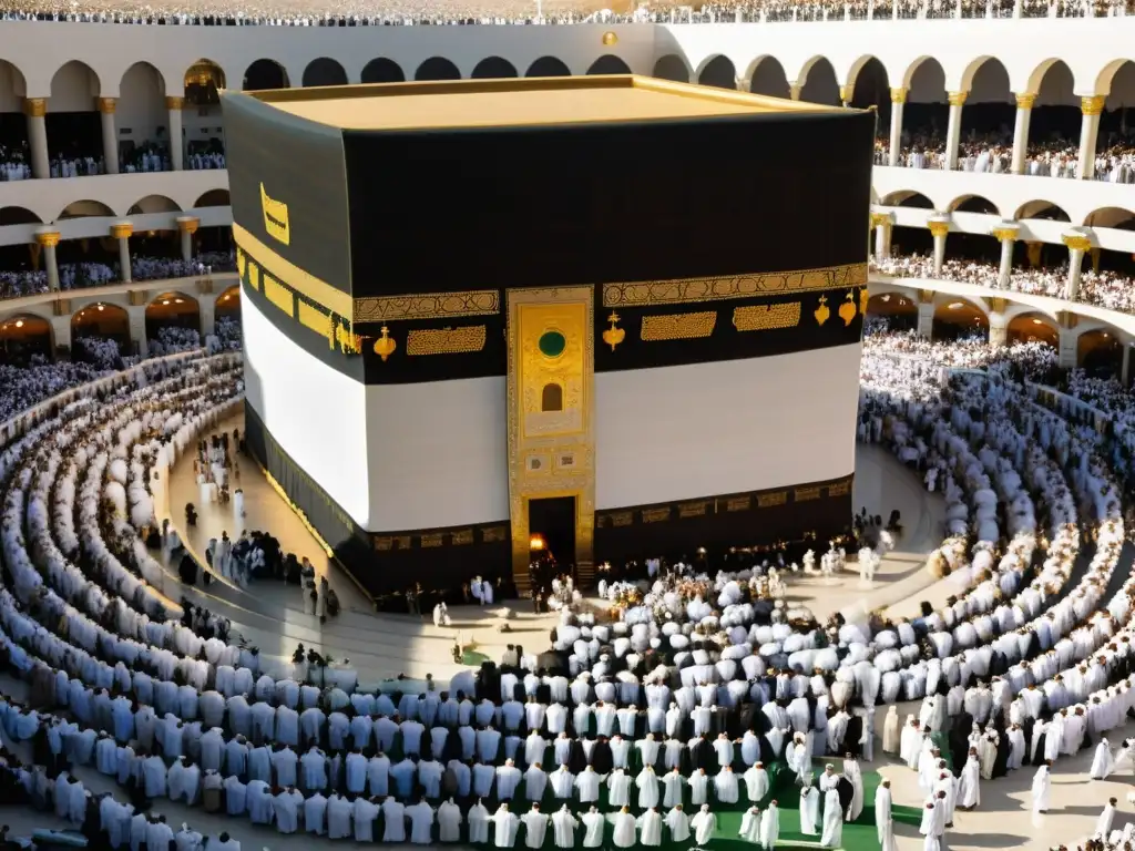 Una vista panorámica y detallada de la Kaaba en La Meca, rodeada de peregrinos en ihram blanco, en el significado etapas Hajj viaje espiritual